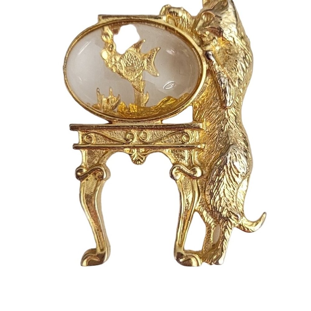 1928 Jewelry Gold Tone Cat And Fish Bowl Brooch Pin